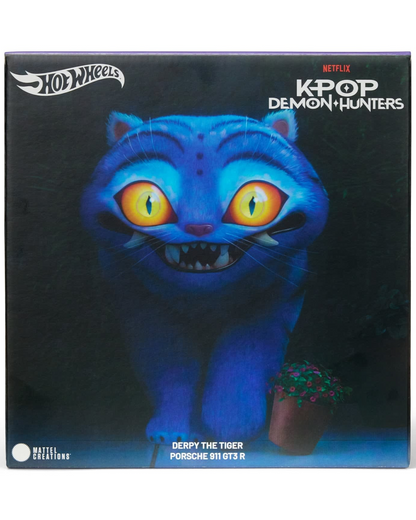More Than Diecast Hot Wheels K-Pop Demon Hunters Porsche 911 GT3 R packaging featuring Derpy the Tiger artwork