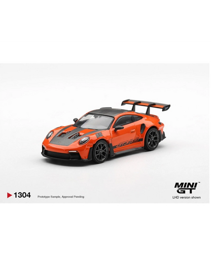 More Than Diecast 1:64 scale Gulf Orange Porsche 911 (992) GT3 RS Weissach Package model car with black accents and large rear spoiler.