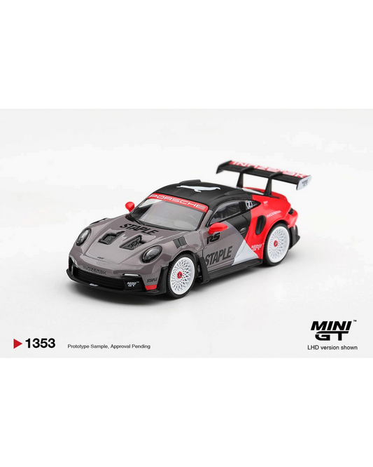 More Than Diecast Mini GT 1:64 Porsche 911 GT3 RS STAPLE x INOZETEK limited edition grey and red die-cast model car