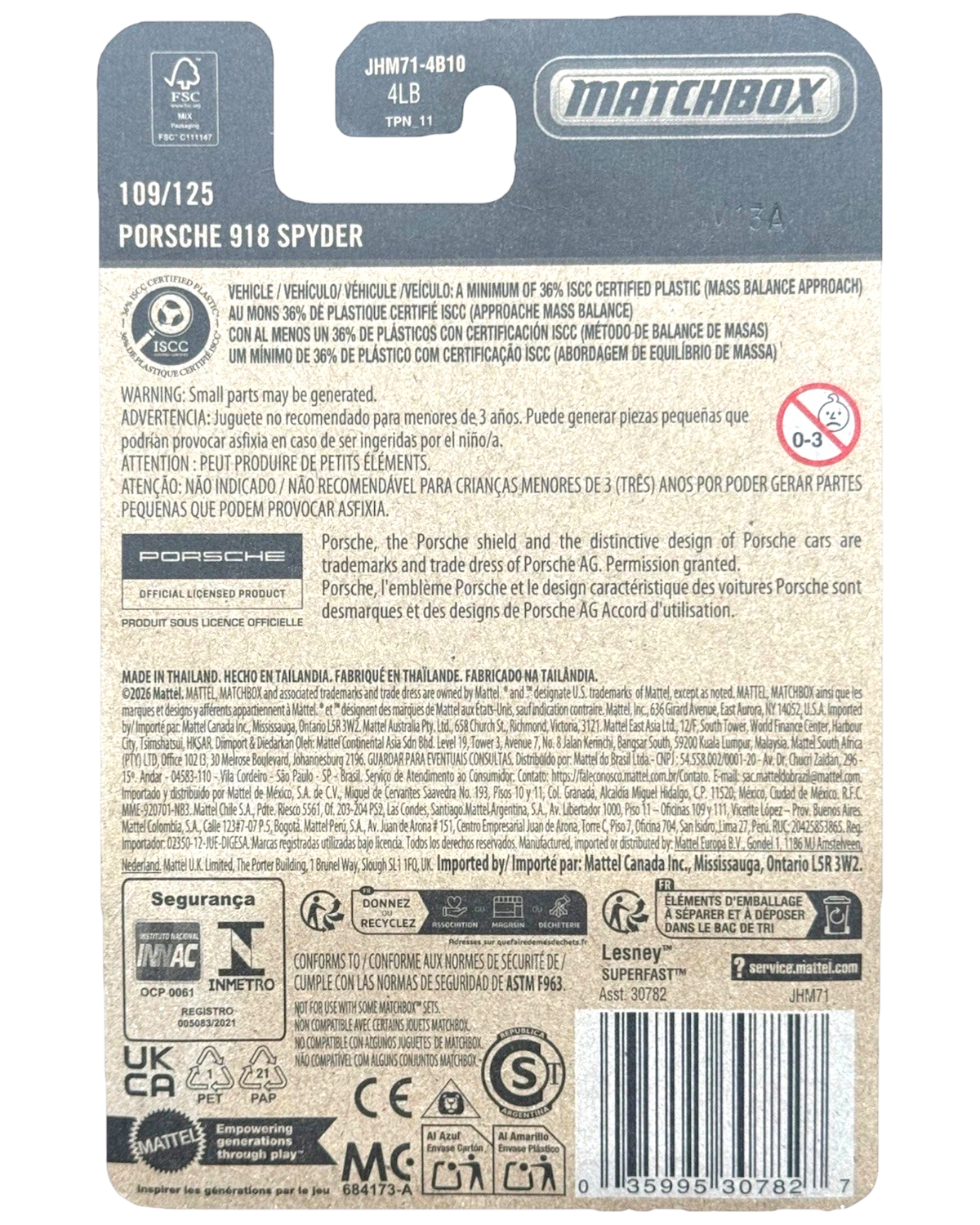 More Than Diecast Matchbox Porsche 918 Spyder packaging back showing product details and safety information
