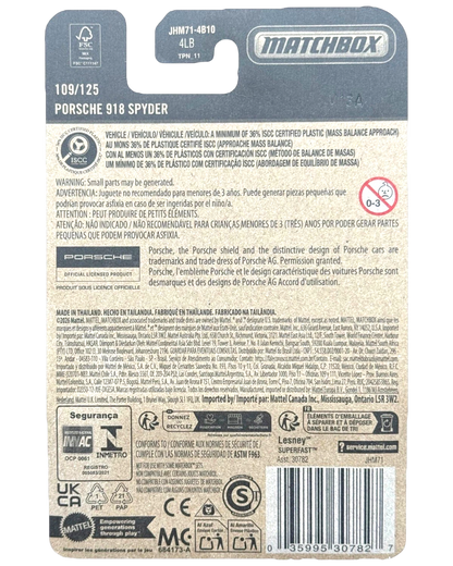 More Than Diecast Matchbox Porsche 918 Spyder packaging back showing product details and safety information