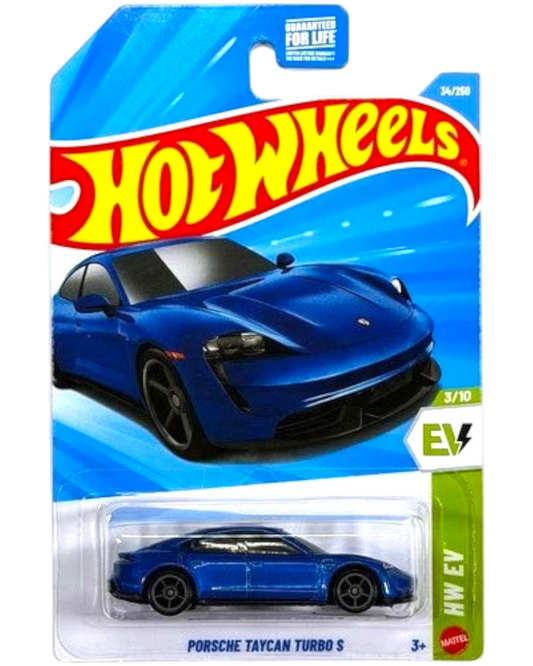 More Than Diecast Hot Wheels Porsche Taycan Turbo S blue diecast car in original blister packaging