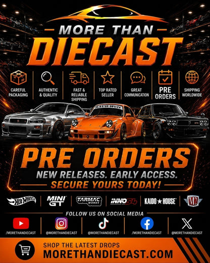 More Than Diecast poster advertising pre-orders for new diecast car releases, featuring three sports cars.