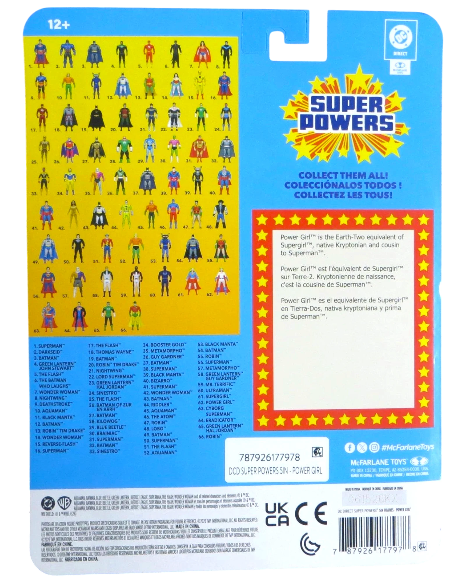 More Than Diecast McFarlane Super Powers Power Girl action figure packaging back showing DC Universe character checklist