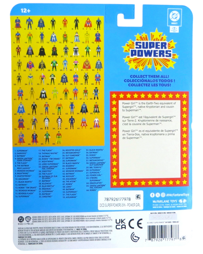 More Than Diecast McFarlane Super Powers Power Girl action figure packaging back showing DC Universe character checklist