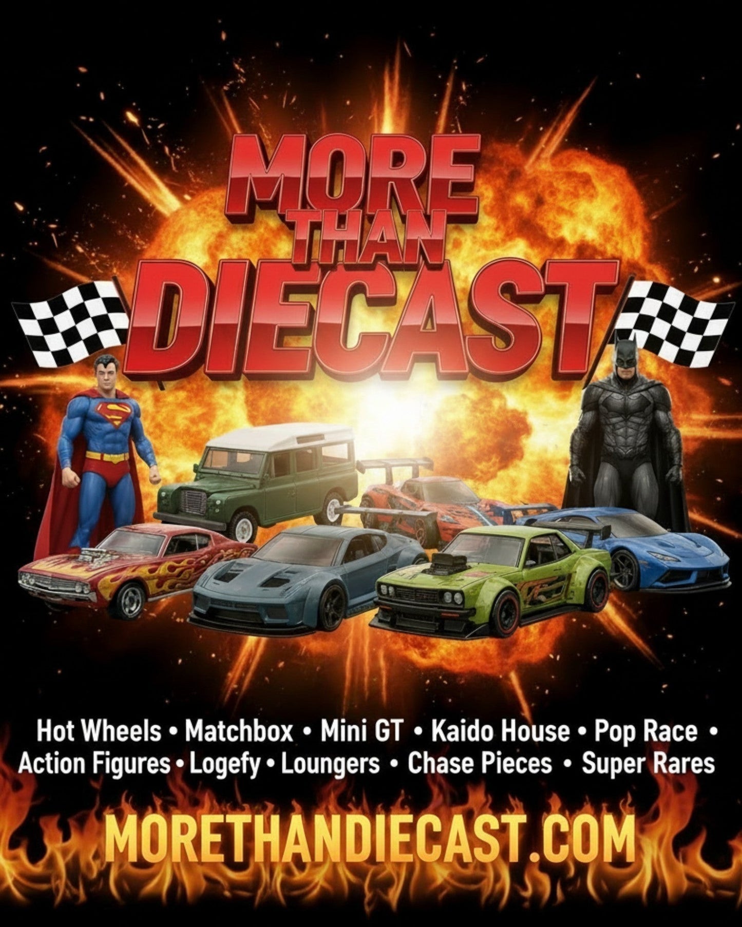 More Than Diecast promotional graphic featuring various toy cars, Superman, and Batman figures against an explosion