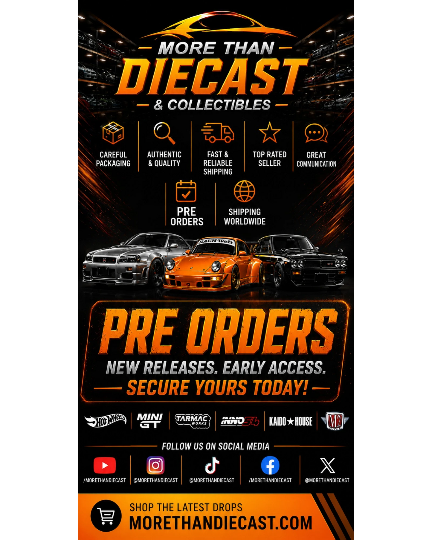 More Than Diecast promotional poster for pre-orders, featuring three die-cast cars and text about new releases and early access.