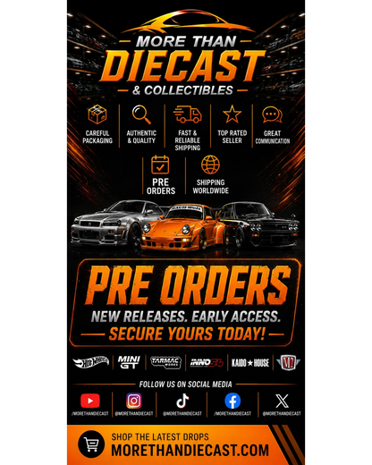 More Than Diecast promotional poster for pre-orders, featuring three die-cast cars and text about new releases and early access.