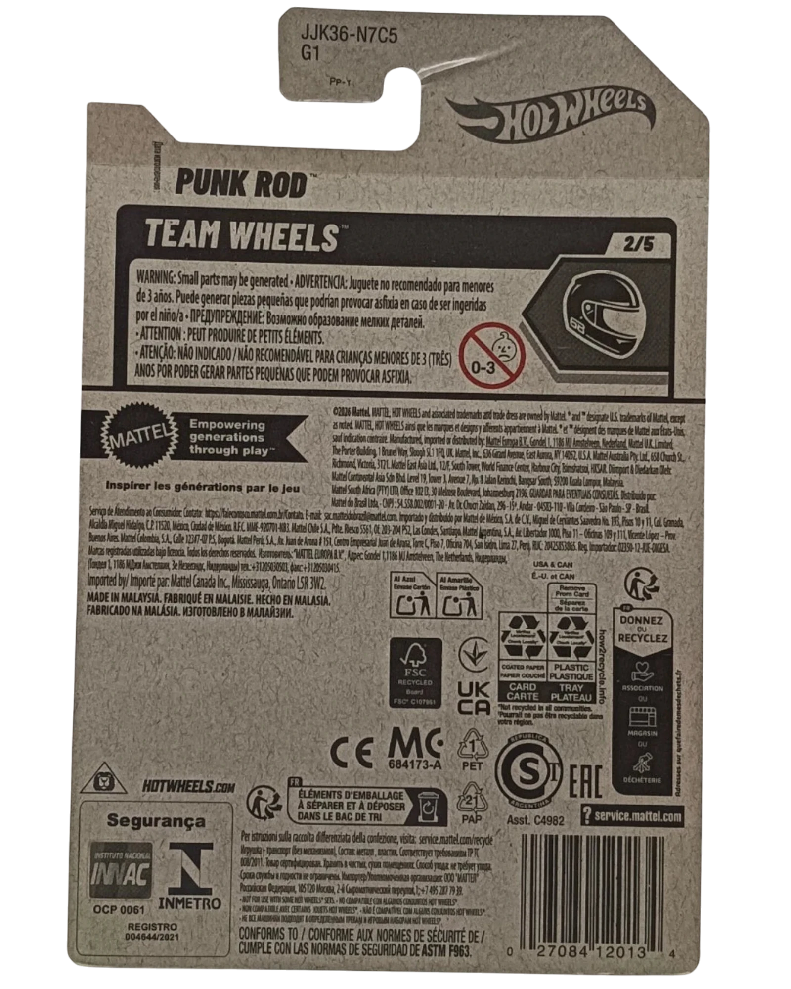 More Than Diecast Hot Wheels Punk Rod Team Wheels 2/5 card back with safety warnings and product information