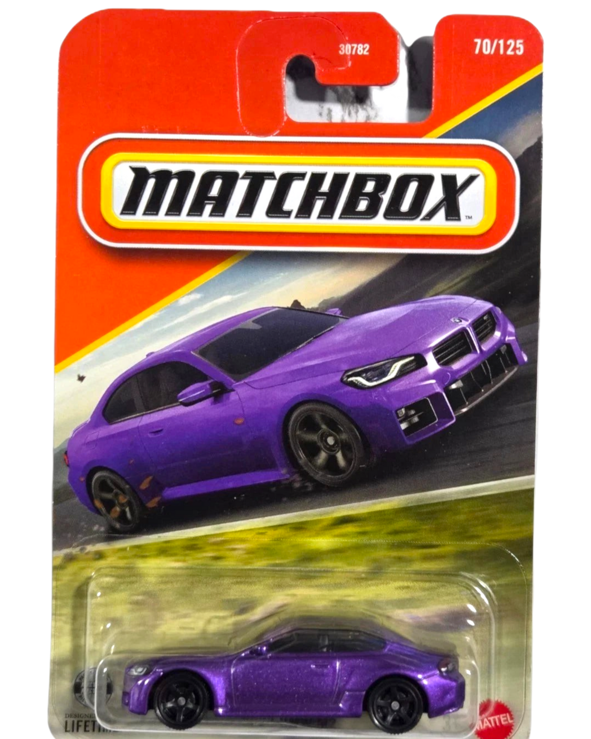 More Than Diecast Matchbox 2023 BMW M2 G87 purple die-cast toy car in original Power Grab blister packaging
