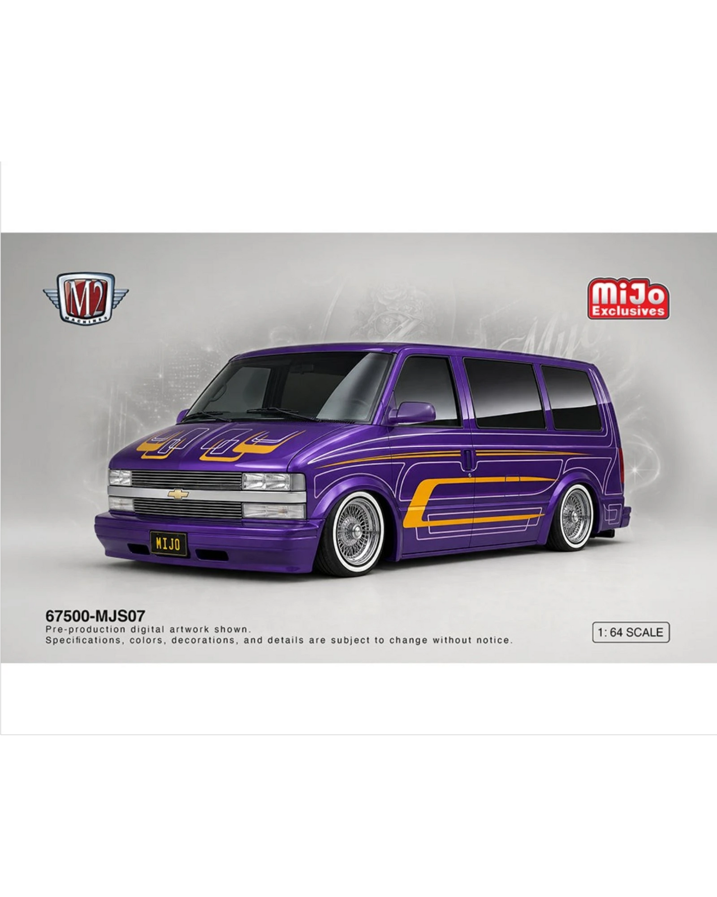 More Than Diecast 1:64 scale 1995 Chevrolet Astro Van lowrider in purple with yellow graphics and wire wheels