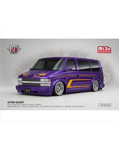 More Than Diecast 1:64 scale 1995 Chevrolet Astro Van lowrider in purple with yellow graphics and wire wheels