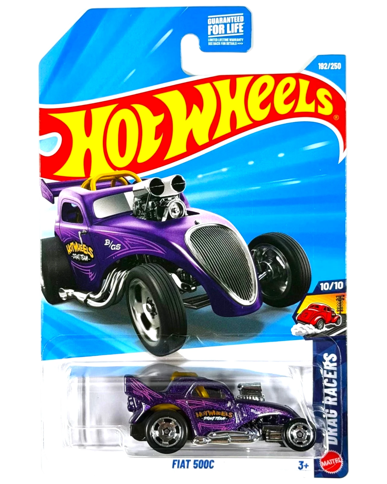 More Than Diecast Hot Wheels Fiat 500C purple drag racer toy car in original blister card packaging
