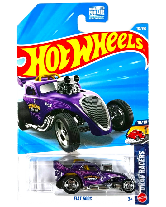 More Than Diecast Hot Wheels Fiat 500C purple drag racer toy car in original blister card packaging