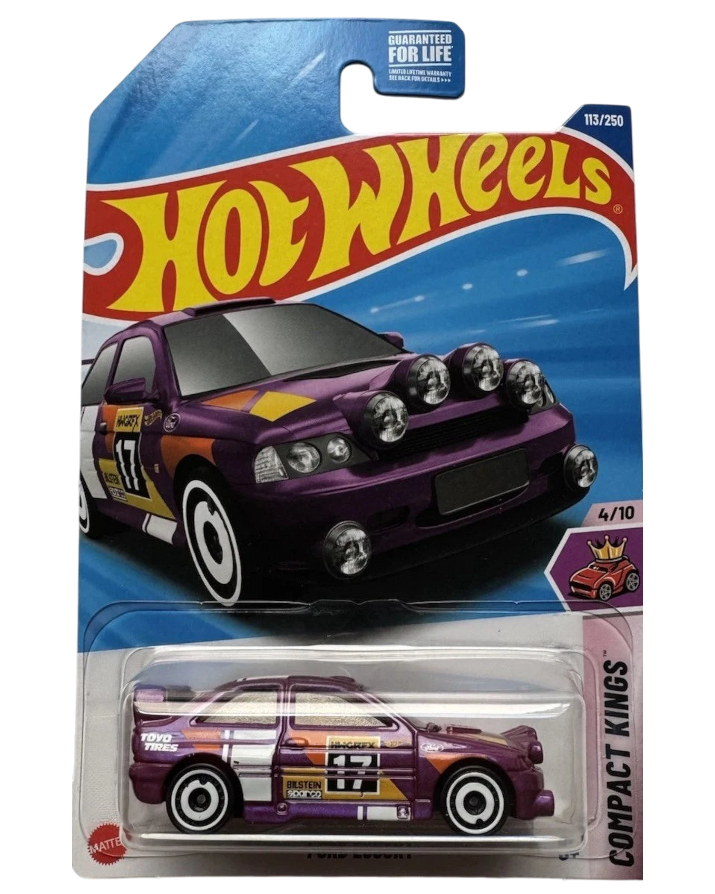 More Than Diecast Hot Wheels purple Ford Escort die-cast car in Compact Kings packaging with racing graphics