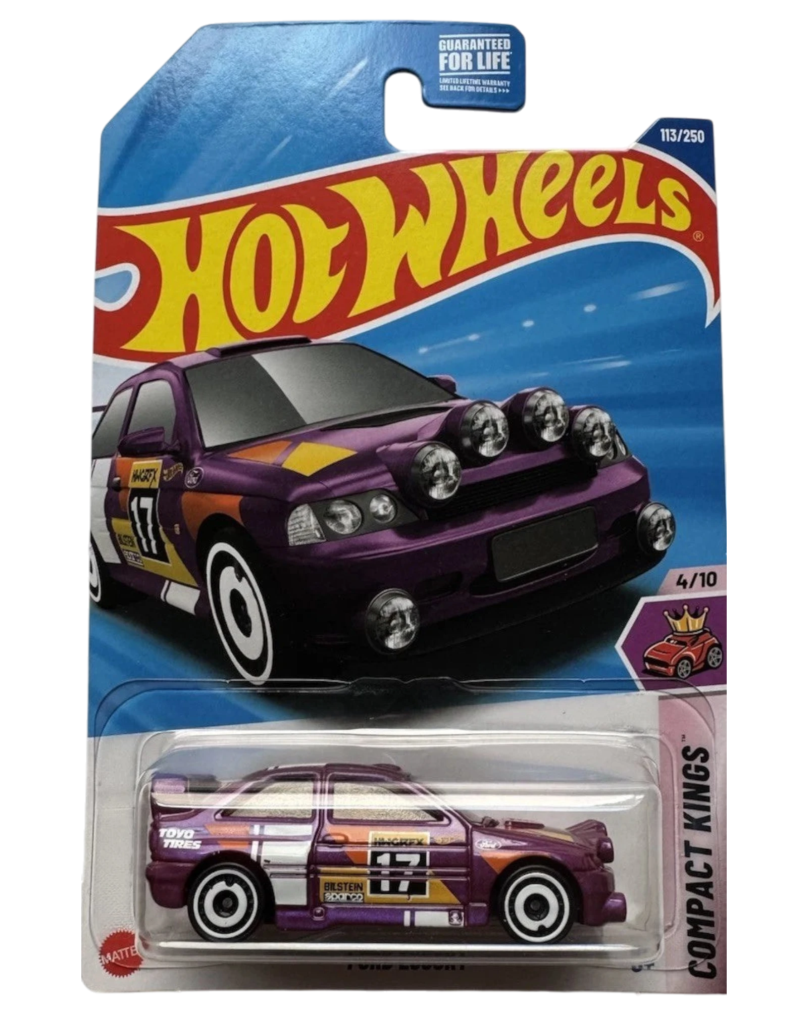 More Than Diecast Hot Wheels purple Ford Escort die-cast car in Compact Kings packaging with racing graphics