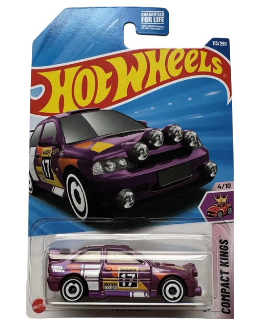More Than Diecast Hot Wheels purple Ford Escort die-cast car in Compact Kings packaging with racing graphics