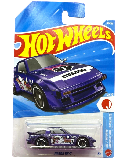 More Than Diecast purple Hot Wheels Mazda RX-7 J-Imports diecast car in original blister packaging