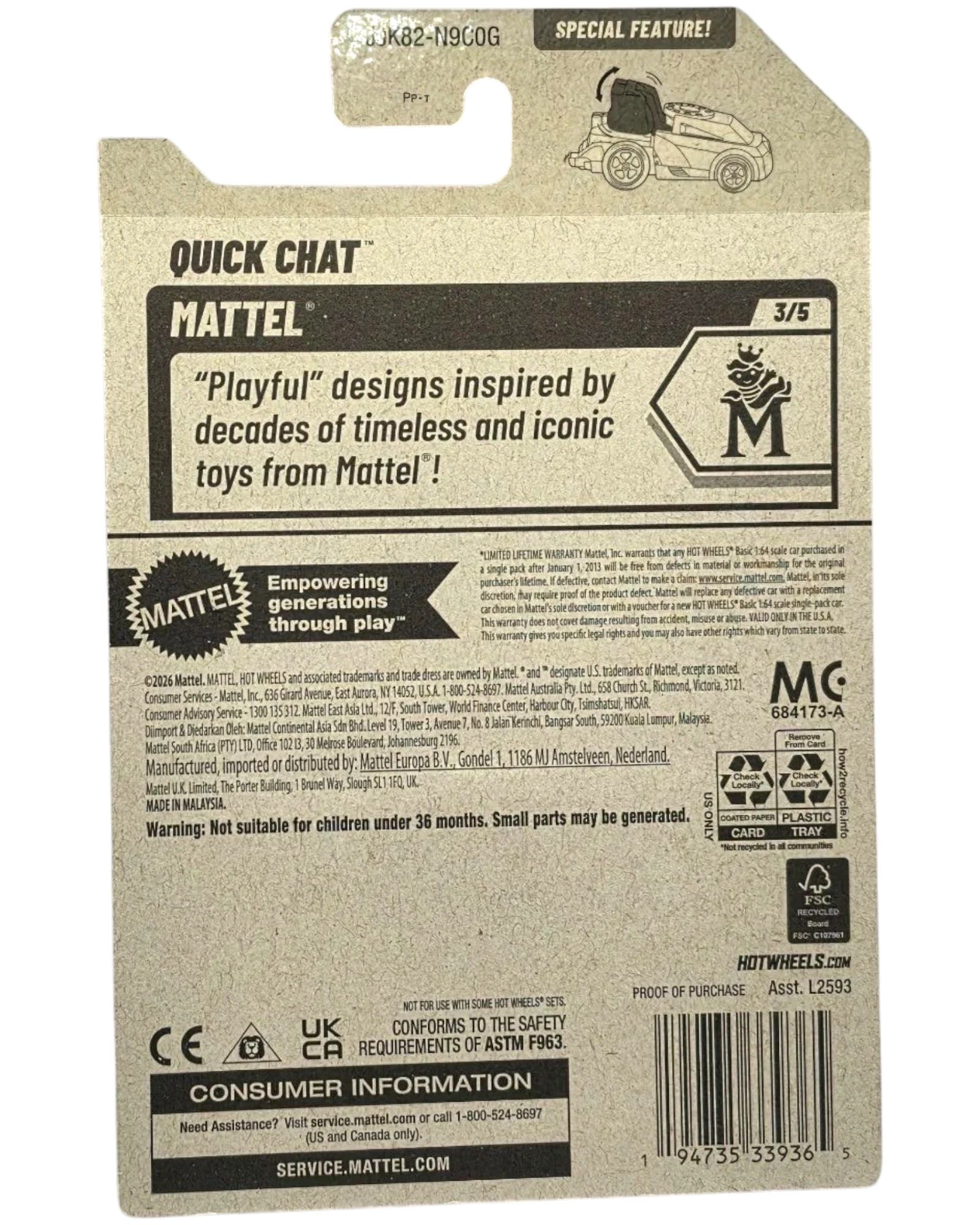 More Than Diecast Quick Chat Mattel toy car packaging, featuring a white and black design with product details and warranty information.