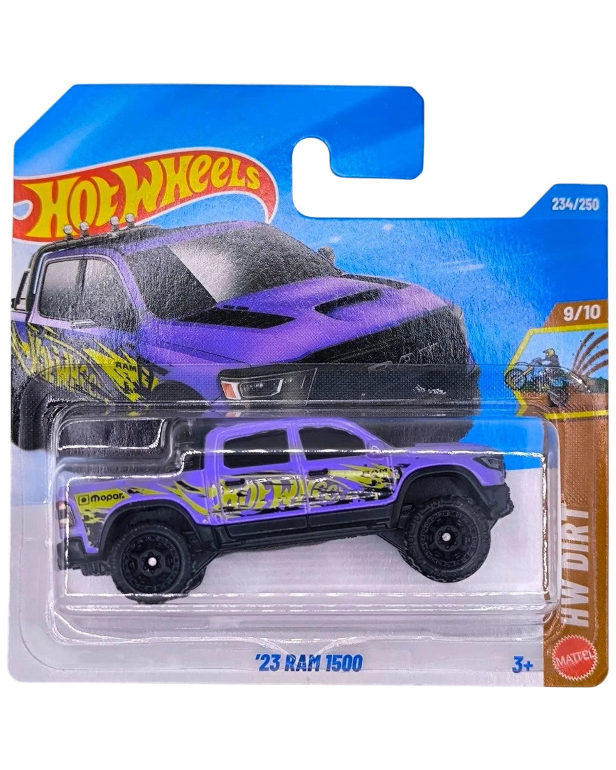 More Than Diecast Hot Wheels 2023 Ram 1500 purple and black die-cast truck in short card packaging