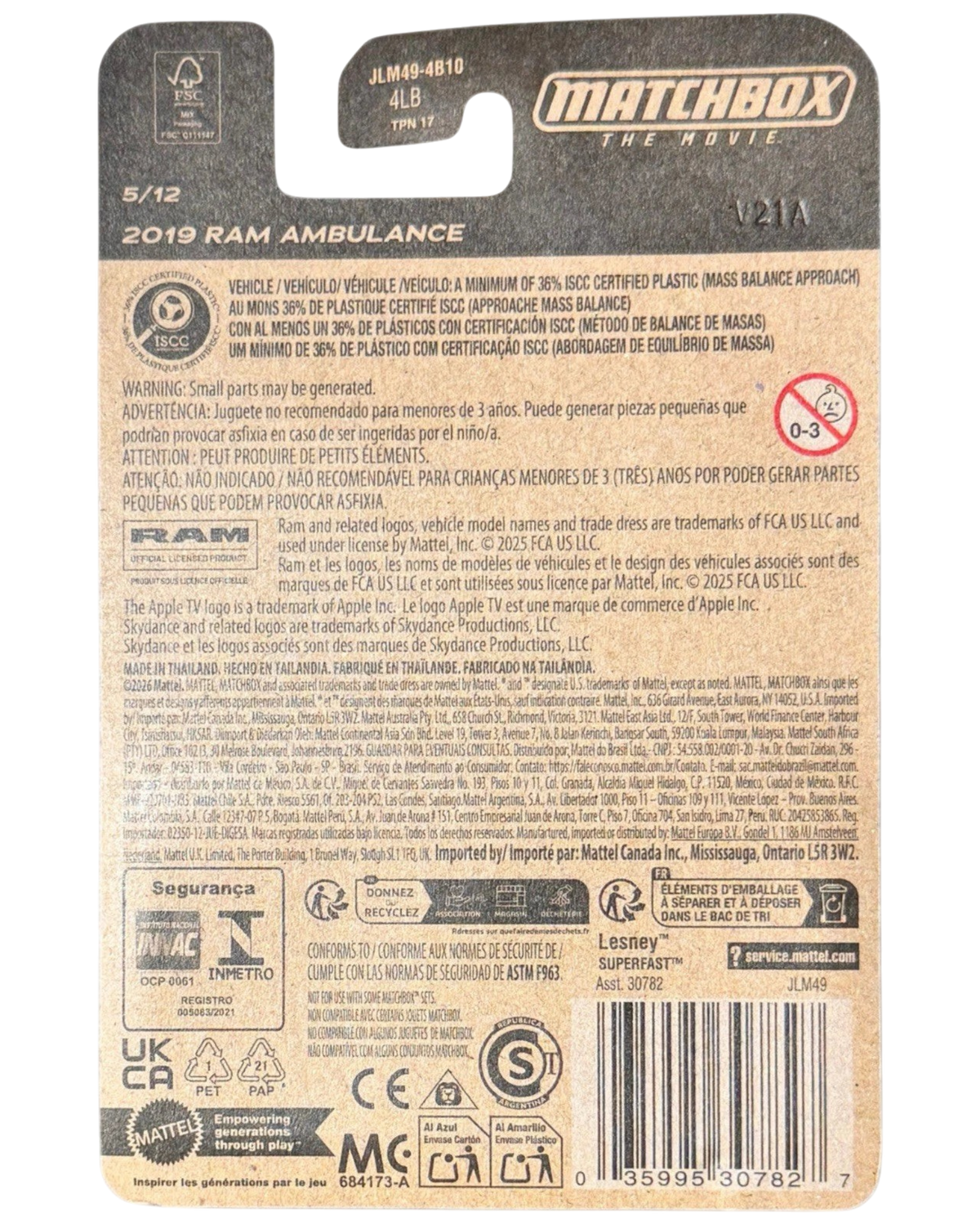 Back of More Than Diecast Matchbox The Movie 2019 RAM Ambulance packaging showing product details and safety warnings.