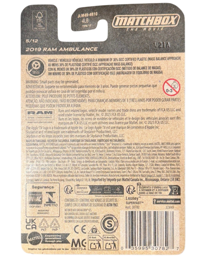 Back of More Than Diecast Matchbox The Movie 2019 RAM Ambulance packaging showing product details and safety warnings.