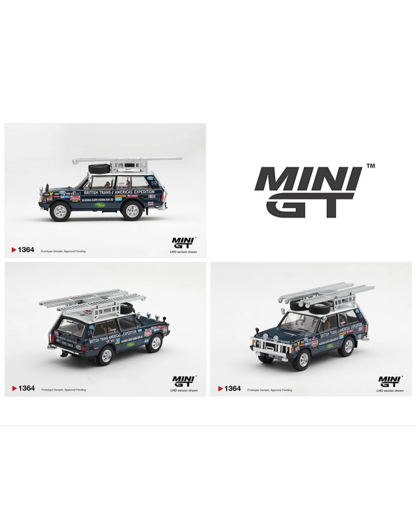 More Than Diecast Mini GT 1:64 scale 1971 Range Rover British Trans-Americas Expedition model with roof rack