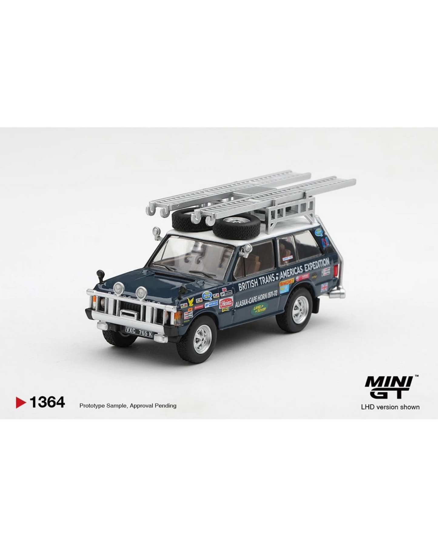 More Than Diecast 1:64 scale Mini GT 1971 Range Rover model with British Trans-Americas Expedition livery and roof rack