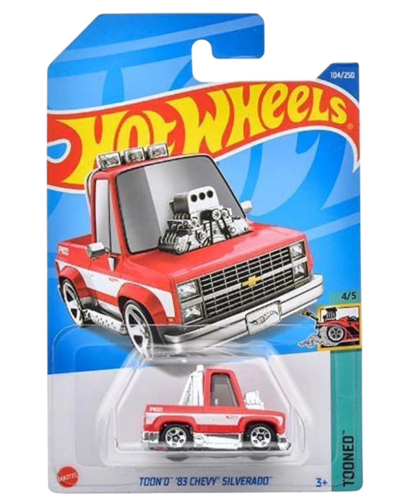 More Than Diecast Hot Wheels Toon'd '83 Chevy Silverado in red with exaggerated cartoon styling and chrome wheels.
