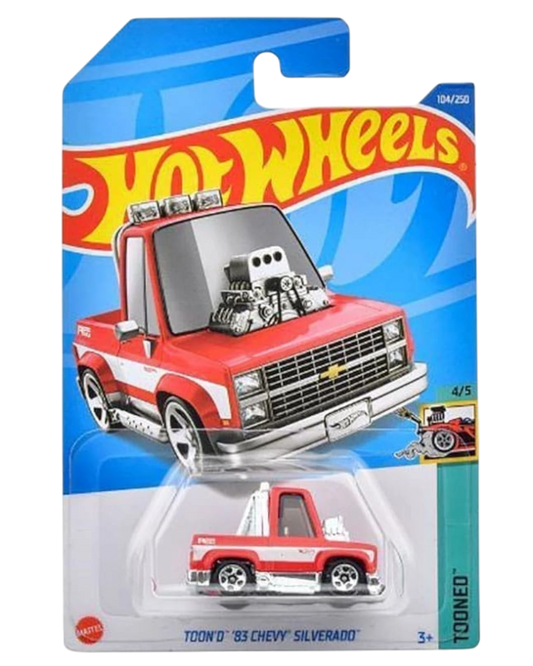 More Than Diecast Hot Wheels Toon'd '83 Chevy Silverado in red with exaggerated cartoon styling and chrome wheels.