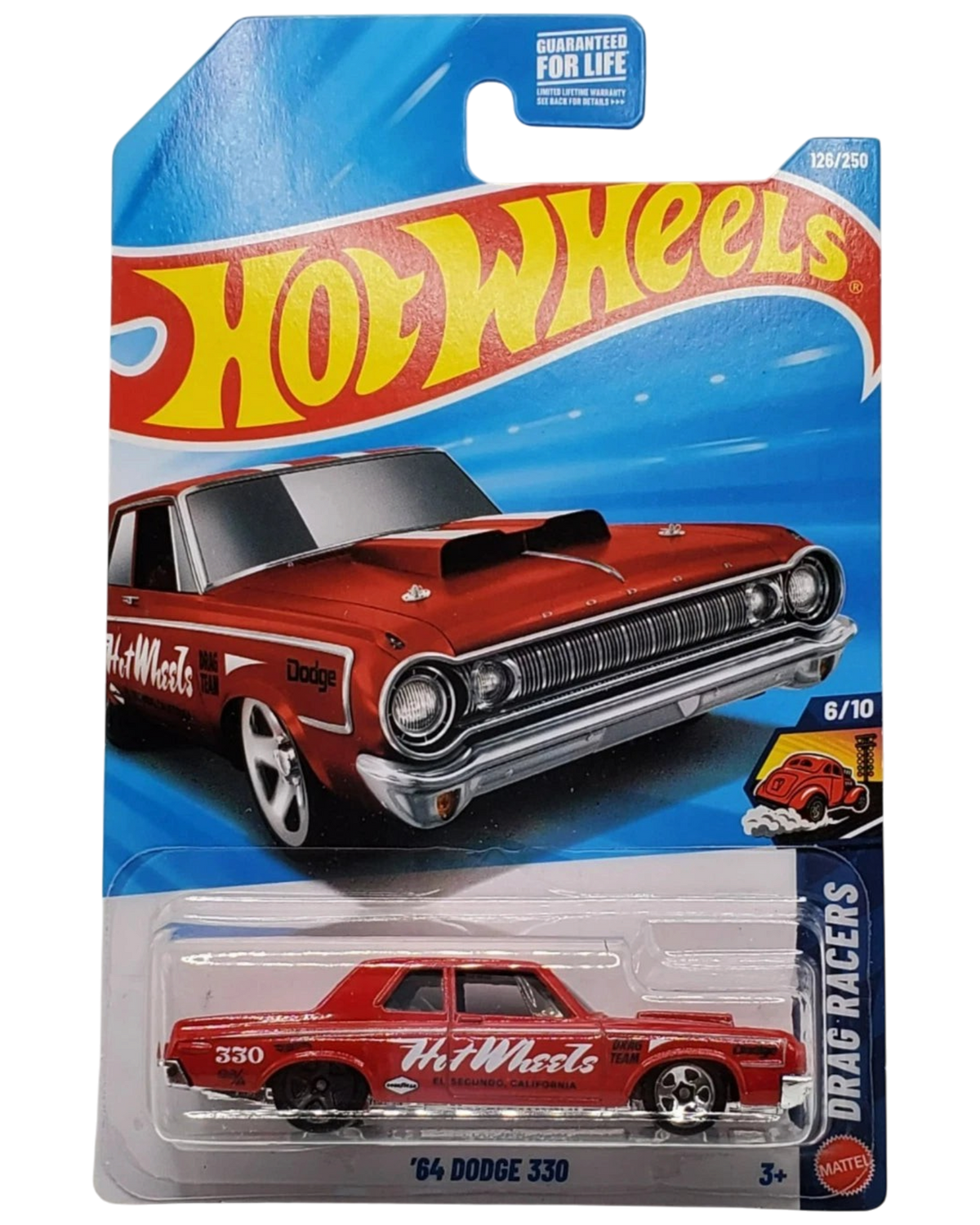 More Than Diecast Hot Wheels 1964 Dodge 330 red die-cast drag racer car in original blister pack packaging