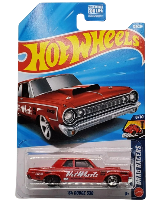 More Than Diecast Hot Wheels 1964 Dodge 330 red die-cast drag racer car in original blister pack packaging