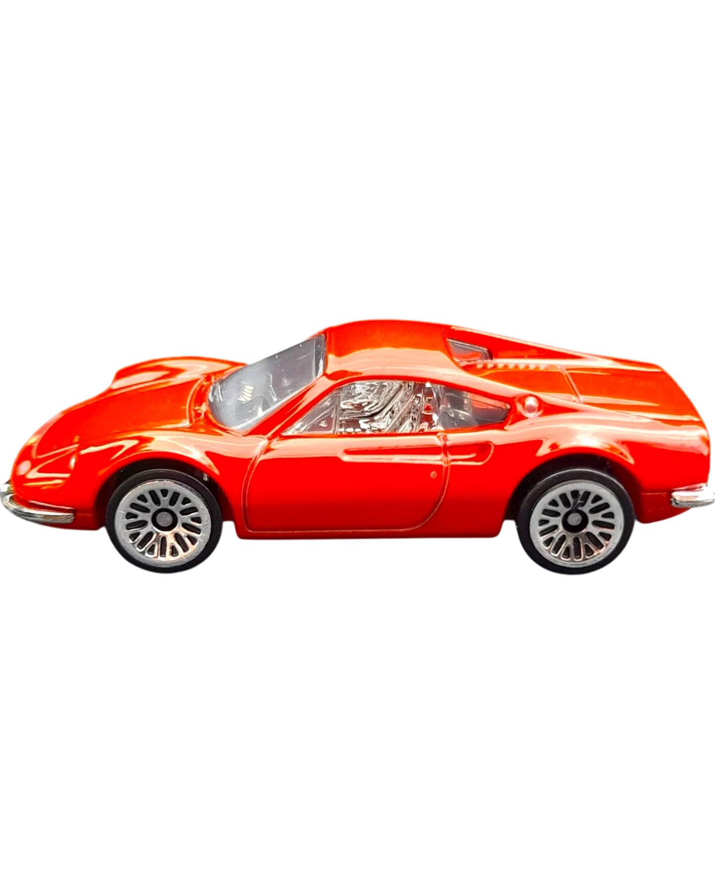 More Than Diecast red Ferrari Dino 206 GT 1:64 scale die-cast sports car side view on black background