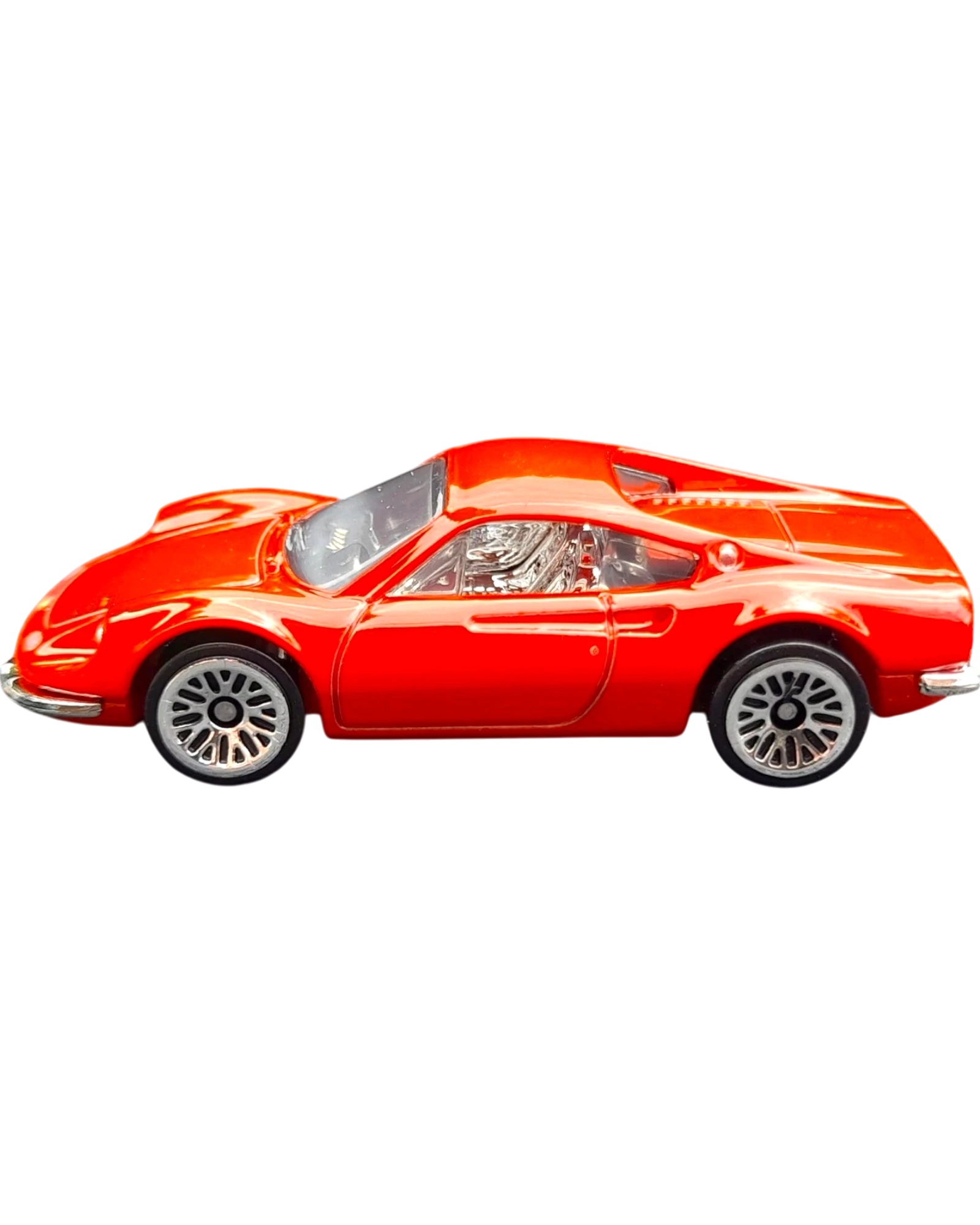More Than Diecast red Ferrari Dino 206 GT 1:64 scale die-cast sports car side view on black background