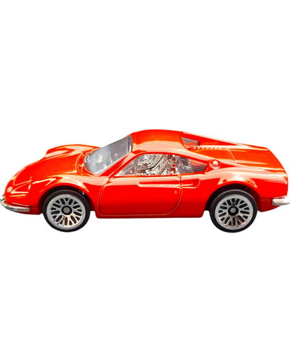 More Than Diecast red Ferrari Dino 206 GT 1:64 scale die-cast sports car side view on black background