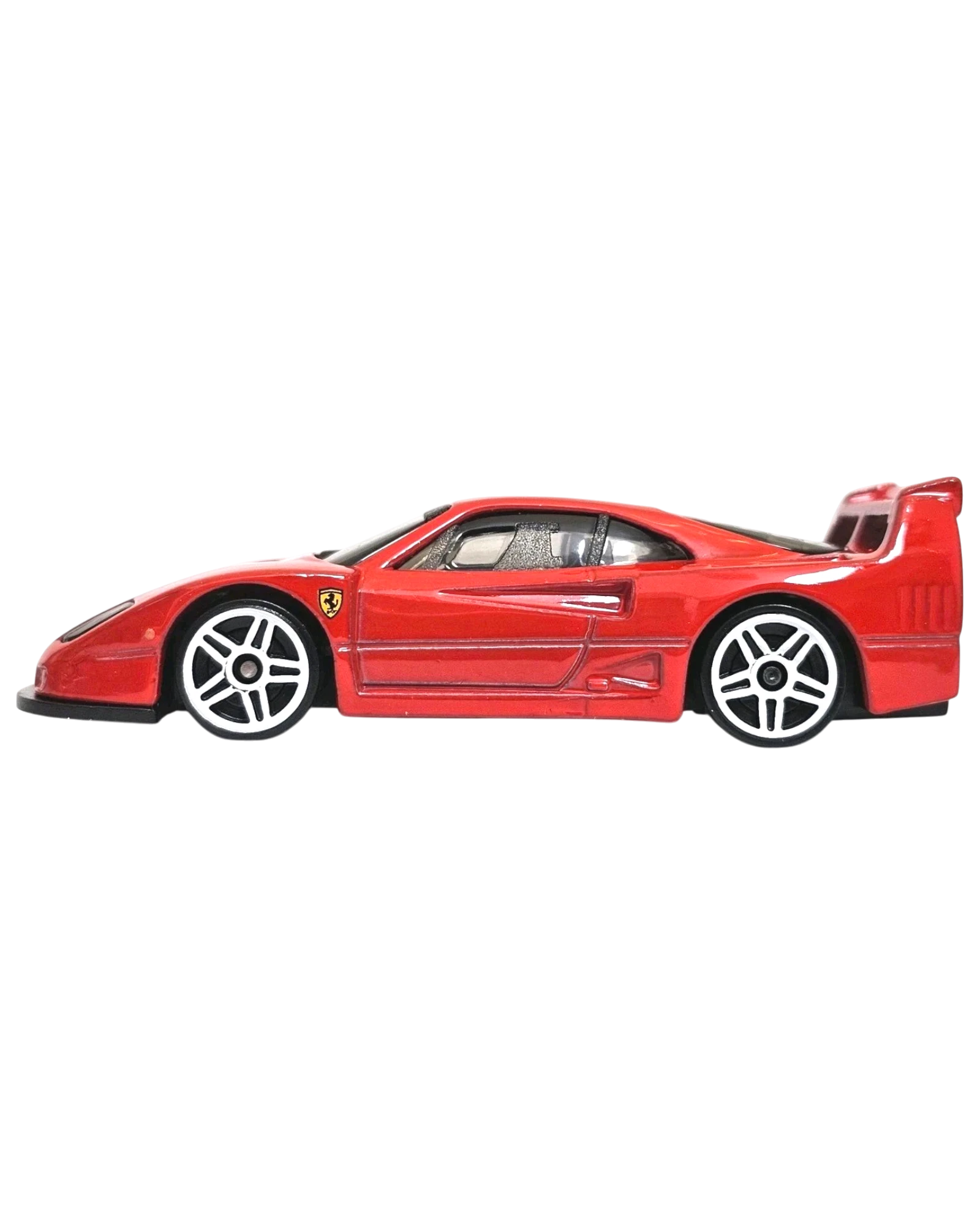 More Than Diecast red Hot Wheels Ferrari F40 Competizione 1:64 scale die-cast car, side profile view.