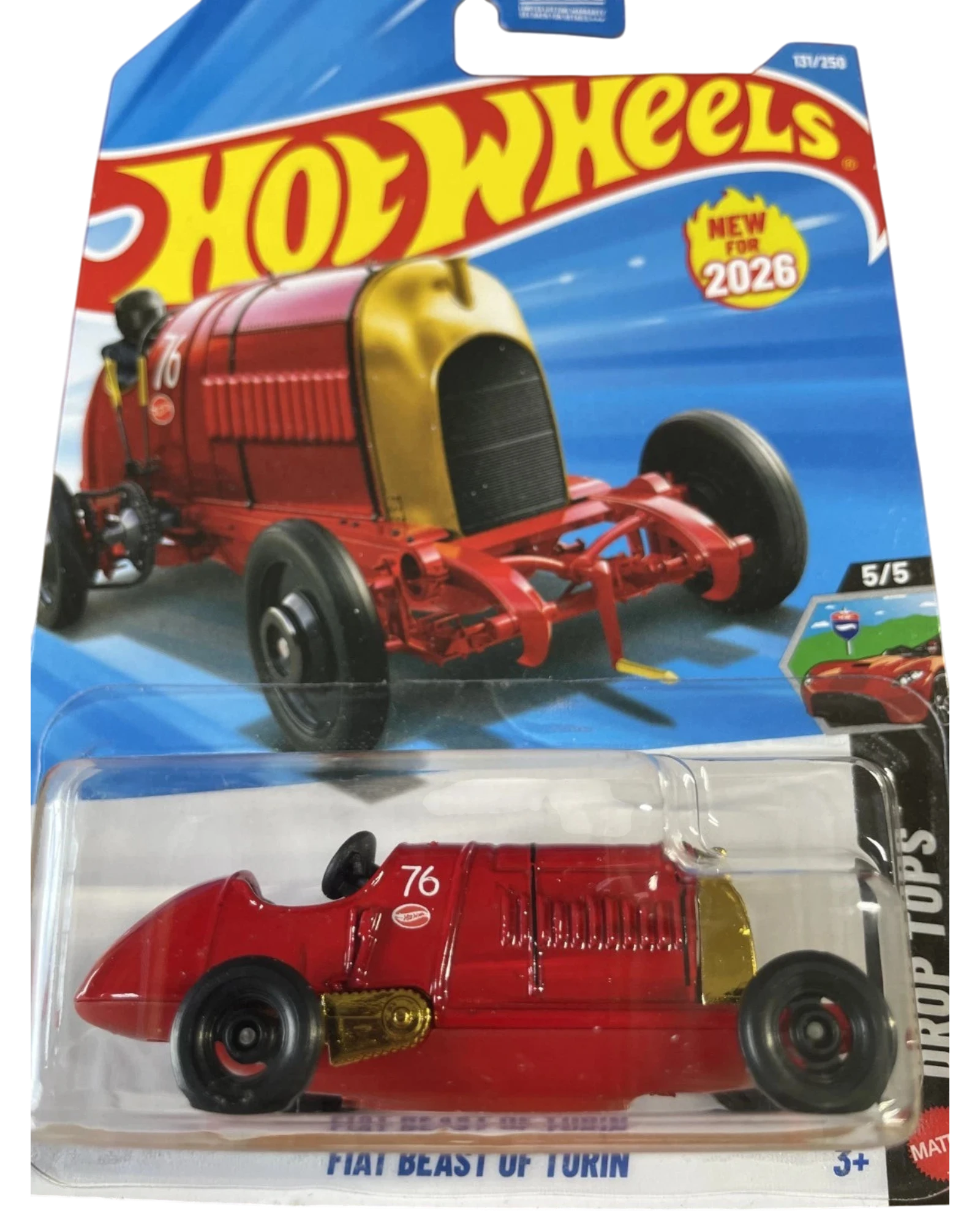 More Than Diecast red 2026 Hot Wheels Fiat Beast of Turin diecast car with gold accents and black wheels.