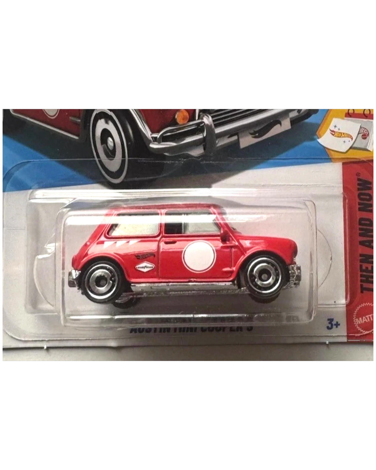 More Than Diecast red Austin Mini Cooper S Hot Wheels toy car with white circle detail on door and racing stripes.