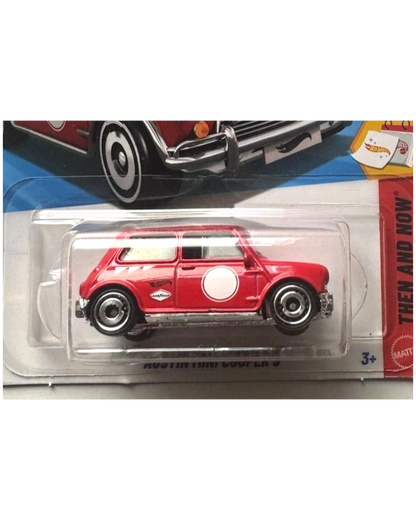 More Than Diecast red Austin Mini Cooper S Hot Wheels toy car with white circle detail on door and racing stripes.