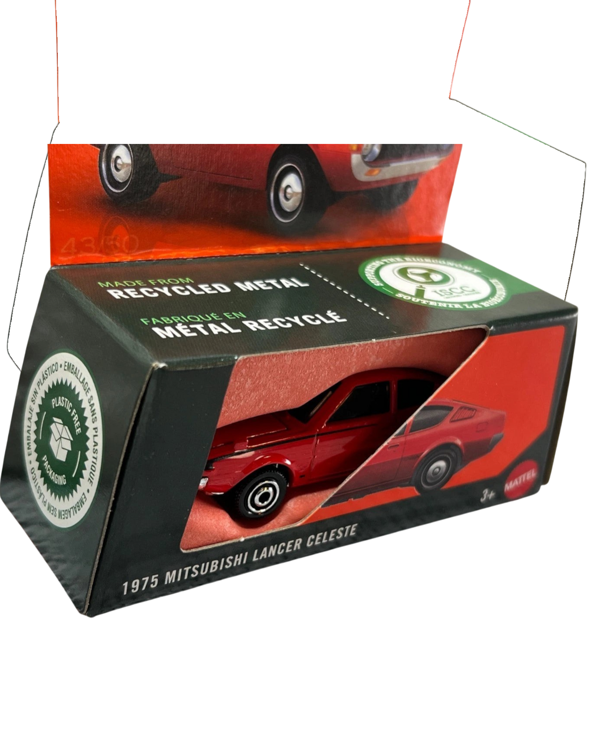 More Than Diecast 1:64 scale red 1975 Mitsubishi Lancer Celeste die-cast car in its original plastic-free packaging.
