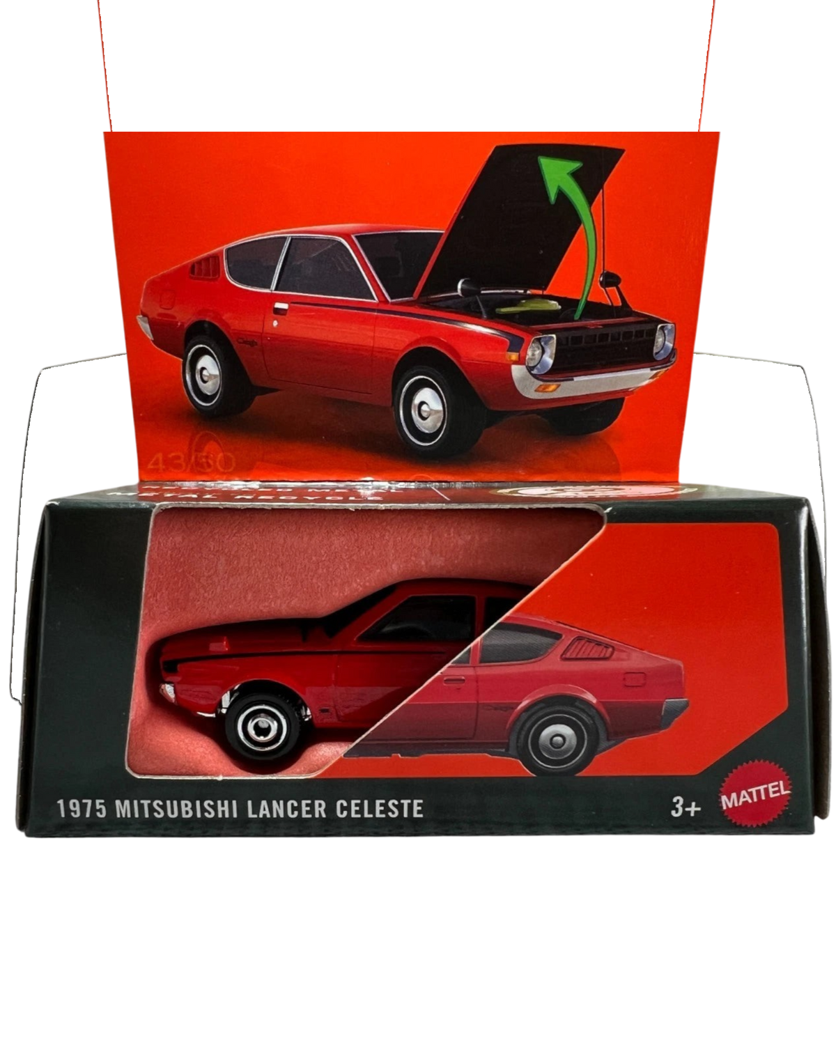 More Than Diecast 1:64 scale red 1975 Mitsubishi Lancer Celeste die-cast car from the Matchbox Moving Parts series.