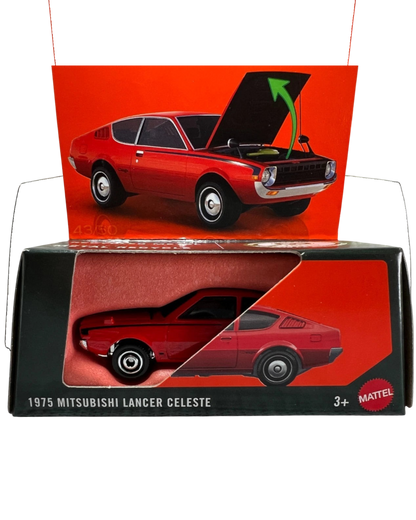 More Than Diecast 1:64 scale red 1975 Mitsubishi Lancer Celeste die-cast car from the Matchbox Moving Parts series.