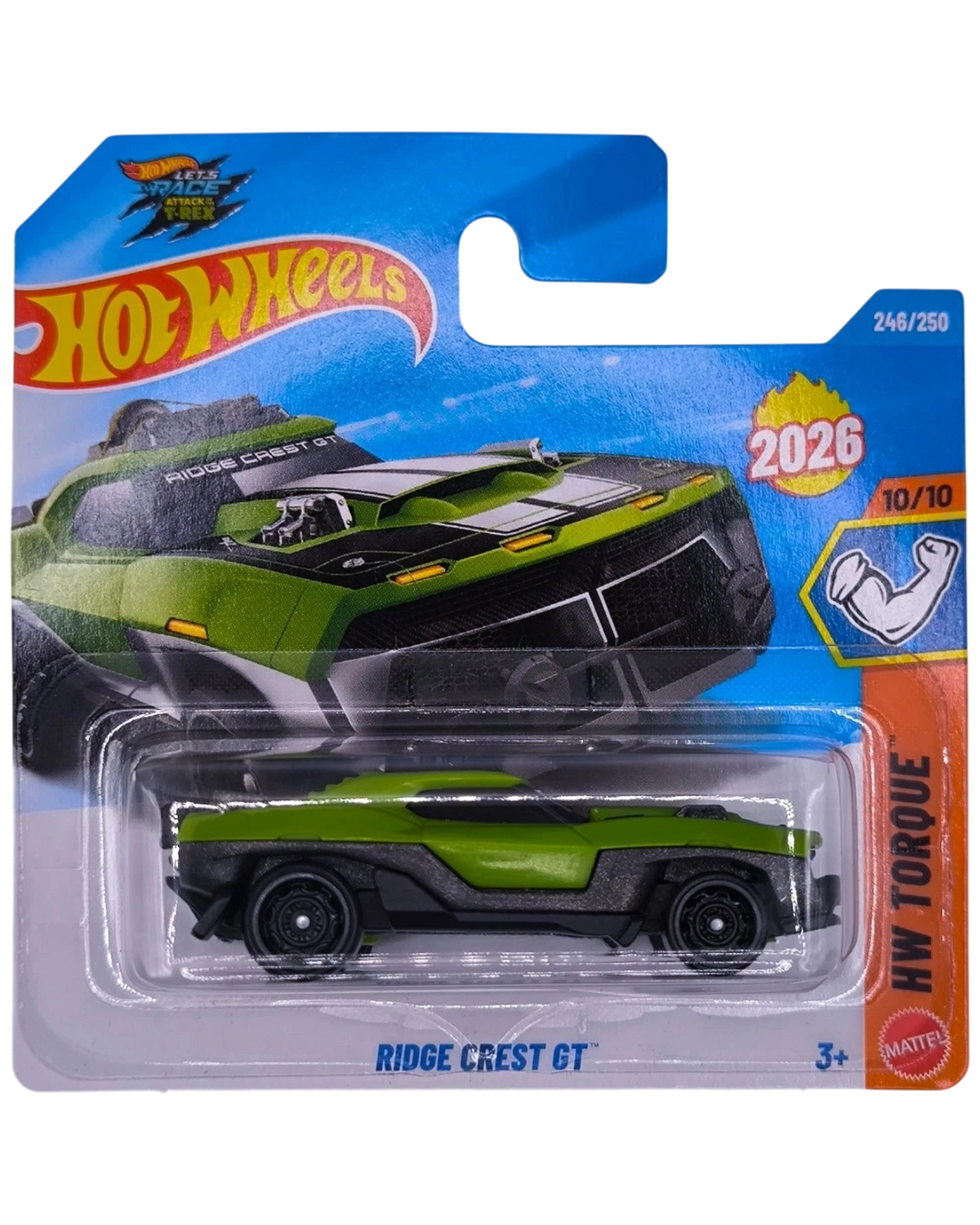 More Than Diecast Hot Wheels Ridge Crest GT in green and black, 1:64 scale die-cast car in short card packaging.