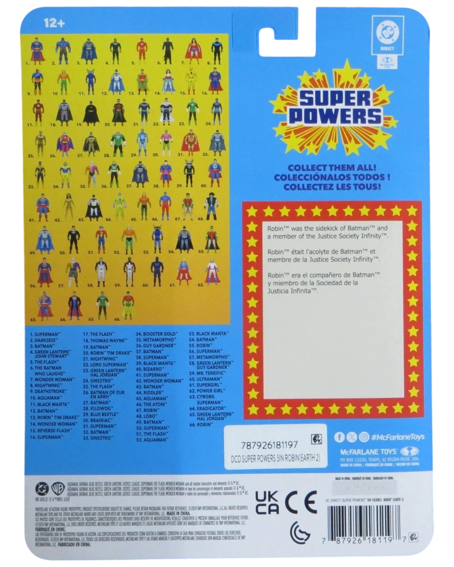 More Than Diecast McFarlane Super Powers Earth 2 Robin action figure packaging back with character checklist and DC logo