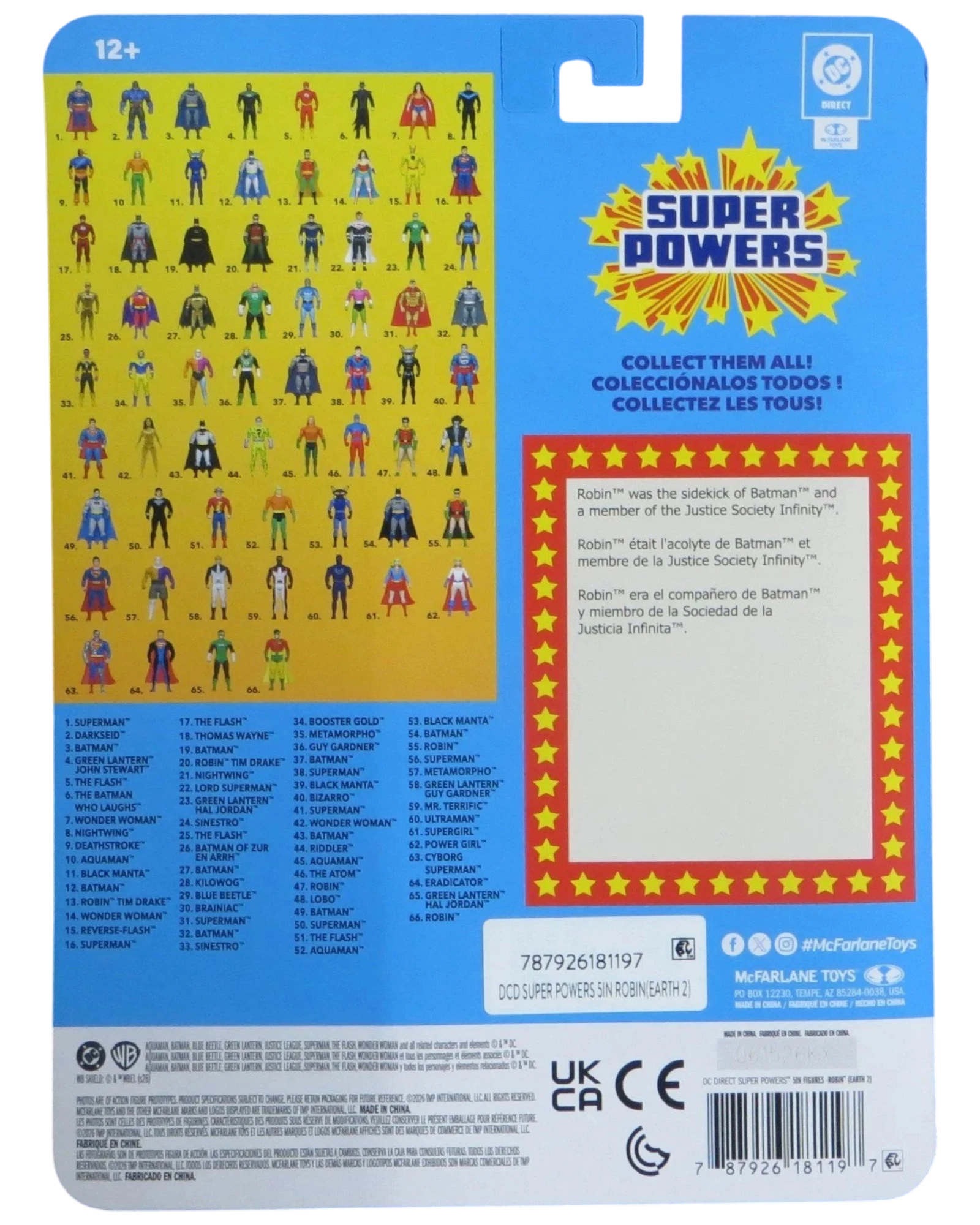 More Than Diecast McFarlane Super Powers Earth 2 Robin action figure packaging back with character checklist and DC logo