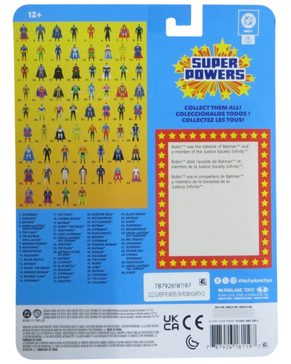 More Than Diecast McFarlane Super Powers Earth 2 Robin action figure packaging back with character checklist and DC logo