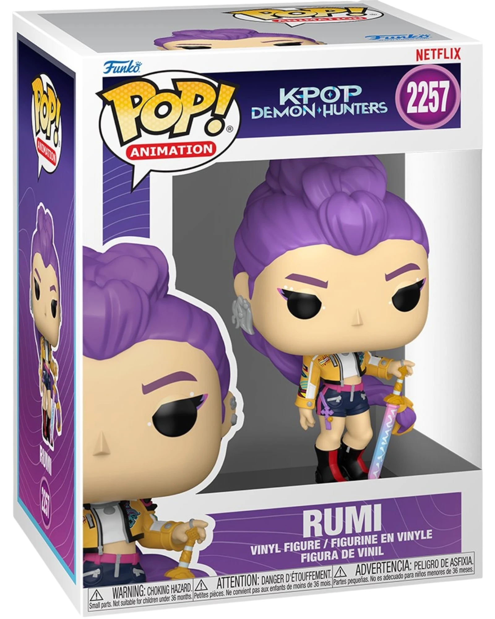 More Than Diecast KPop Demon Hunters Rumi Funko Pop vinyl figure #2257 with purple hair and sword in display box.
