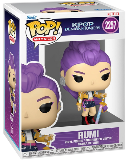 More Than Diecast KPop Demon Hunters Rumi Funko Pop vinyl figure #2257 with purple hair and sword in display box.