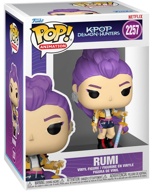 More Than Diecast KPop Demon Hunters Rumi Funko Pop vinyl figure #2257 with purple hair and sword in display box.