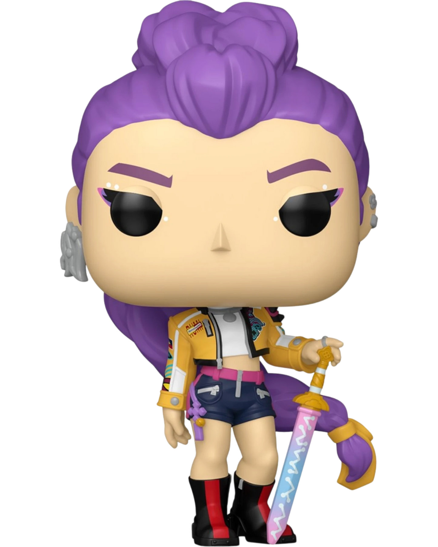 More Than Diecast KPop Demon Hunters Rumi Funko Pop vinyl figure with purple hair, yellow jacket, and glowing sword.